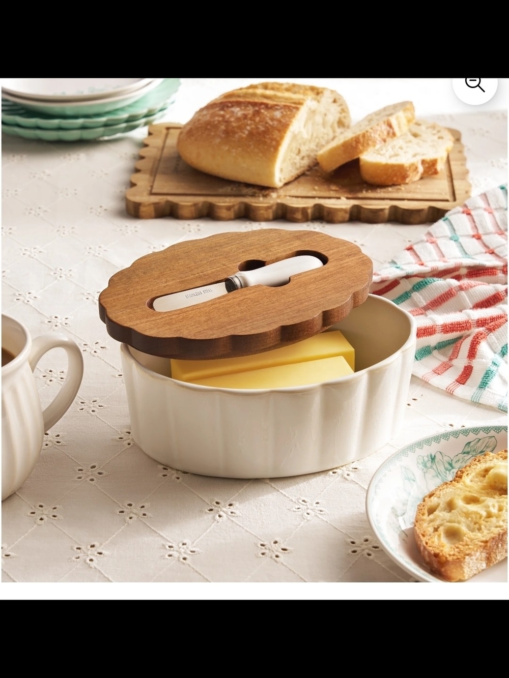 The Pioneer Woman Wood Lid Ceramic Butter Crock - White